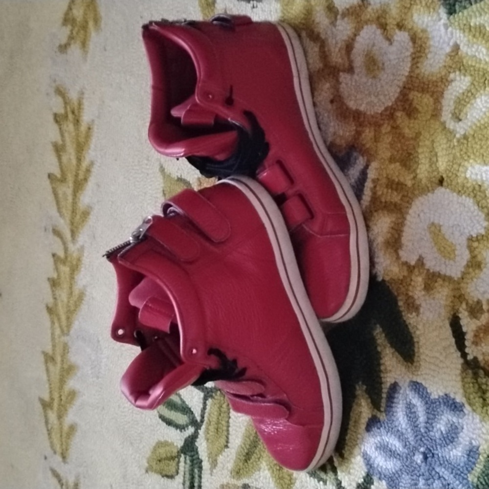 Men's Red Leather Size 10.5 Dual Strap Zippers "Reebok" High-Top Sneakers